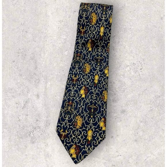 CHRISTIAN DIOR Silk Tie ITALY XL Navy Gold Baroque Art W:3.7" EUC - Picture 1 of 6